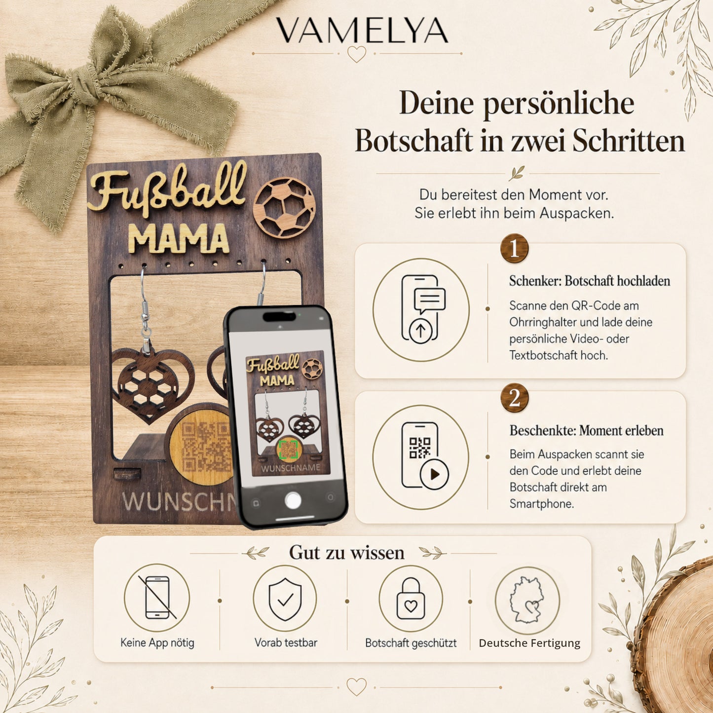 Personalisiertes Geschenkset für Fußball-Mamas – Ohrringhalter aus edlem Nussholz mit QR-Botschaft
