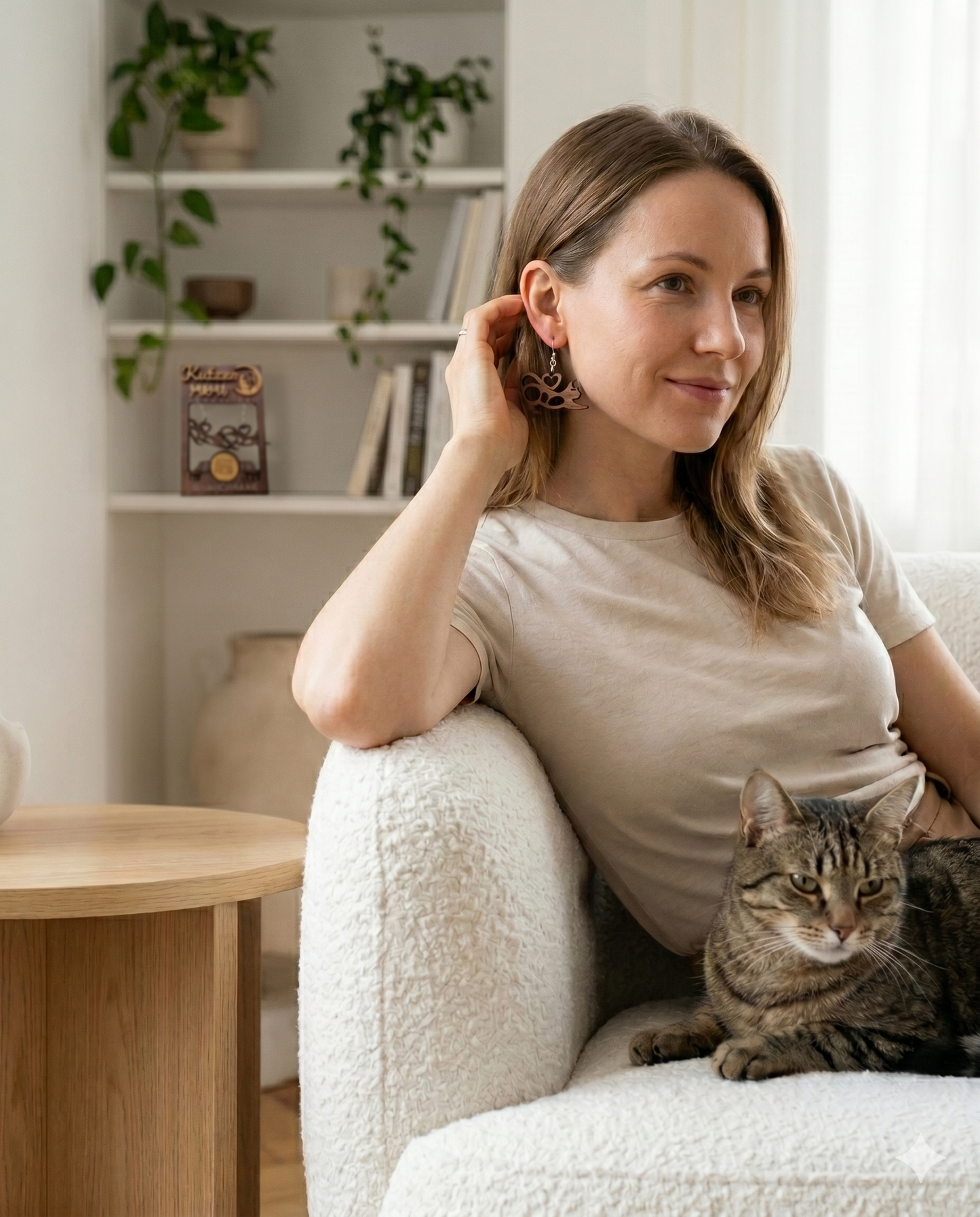 Personalisiertes Geschenkset für Katzen-Mamas – Ohrringen aus edlem Kirschholz mit QR-Botschaft