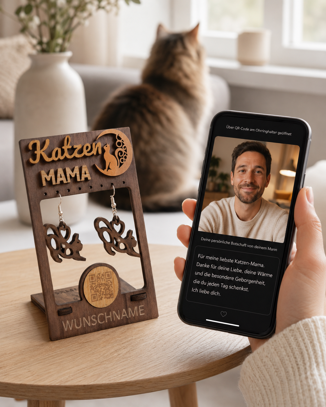 Personalisiertes Geschenkset für Katzen-Mamas – Ohrringen aus edlem Kirschholz mit QR-Botschaft